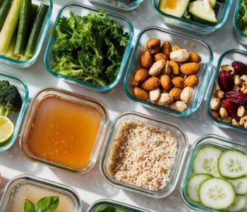 Photo of numerous vegan foods displayed in rows of square glass containers.
