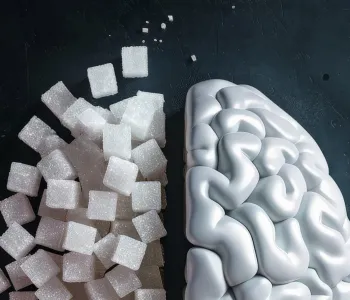 Photo of a brain in two halves, one half represented by sugar cubes stacked in a similar shape, the other side a 3D white brain.