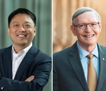One headshot photo of Dr. Lei Stanley Qi and one headshot photo of Dr. W. E. Moerner.
