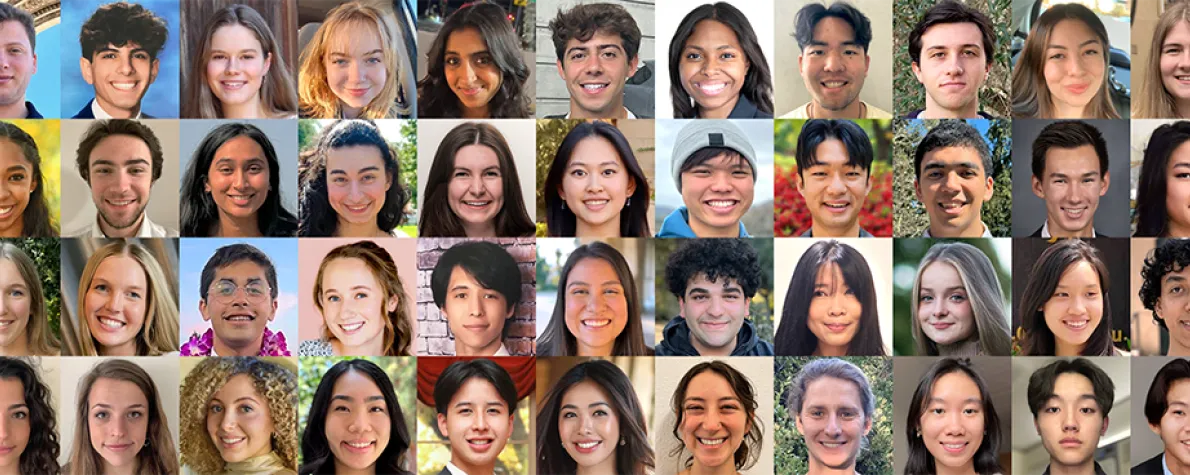 Collage of headshot photos of 76 undergraduate students.