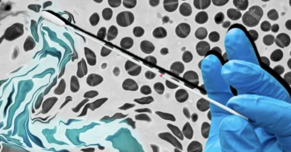 Composite graphic image showing a gloved hand swabbing a turquoise and white fluid over a background of black-and-white bacterial cells