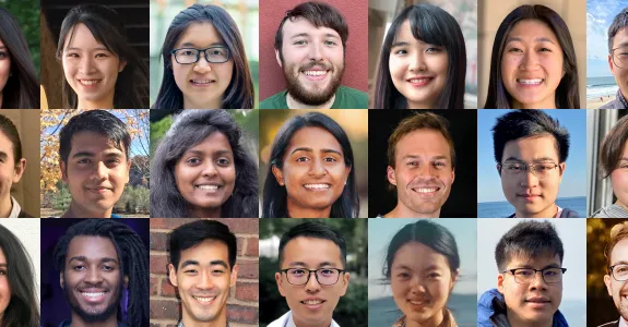 Collage of headshot photos of 21 graduate students.