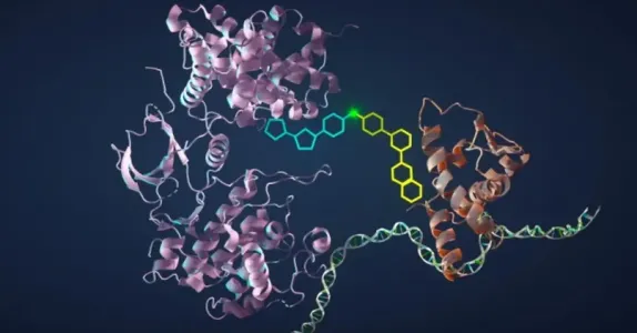 Graphic image of two twisting proteins attached together by linkages with honeycomb shapes.