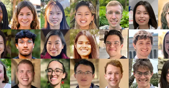 Collage of headshot photos of 21 diverse graduate students