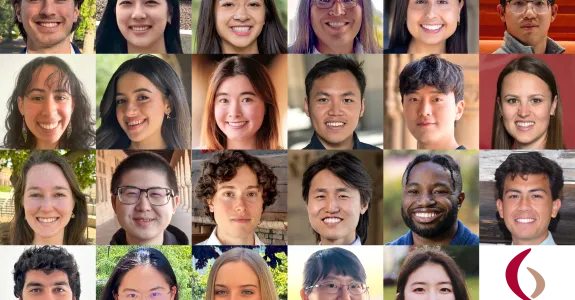 Collage of headshot photos of 23 graduate students.