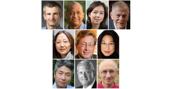 Banner of headshot photos showing Drs. Axel Brunger, Tirin Moore, Fei-Fei Li, Robert Byer, Zhenan Bao, John Etchemendy, Teresa Meng, Chang-rae Lee, Jim Mattis, and Yakov Eliashberg.