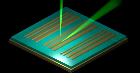 Graphic image of a square object that looks like a circuit board with two beams of light extending away from the same point, one going up and one going diagonally.