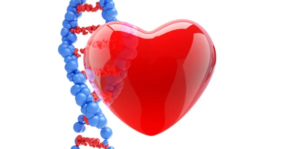 Graphic image of pictographic heart in front of a DNA double-helix.