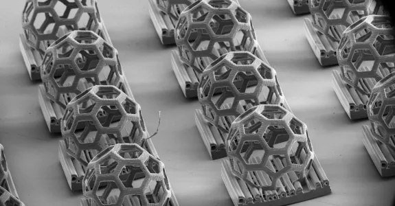 Black and white image of small 3D 'buckyball' structures of interlocking hexagons creating a mesh-like ball, each on an individual plate. Scale bar at the bottom indicates they are all less than 1 milimeter across.