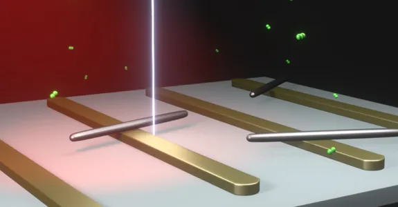 3D graphic image depicting a white surface with evenly spaced gold bars fixed on top of it, with freely moving smaller silver bars. A beam of light shines down in the center, with green particles floating around the area.