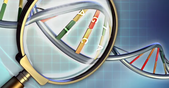 Graphic image of magnifying glass and DNA.