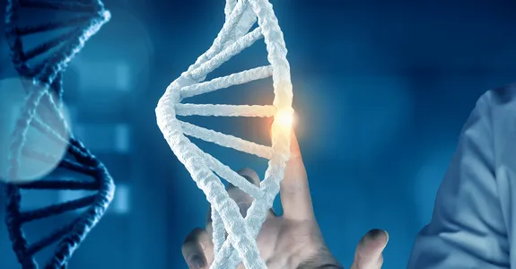 Graphic image of a man in a white coat touching a hovering image of a DNA double-helix, lighting up a base pair with his fingertip.