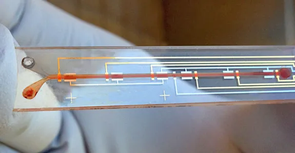 Photo of researcher with gloves on holding up prototype, which looks like a microscope slide with lines on top resembling circuitry, and a channel for blood in the center.