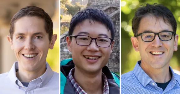 Headshot photos of Grant Rotskoff, Yuejun Shen, and Aaron Lindenberg.