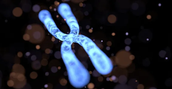 Graphic image of a single chromosome lit up in bright blue against a dark background.