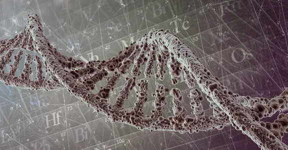 Graphic image of a DNA double helix with mathematical equations in the background.