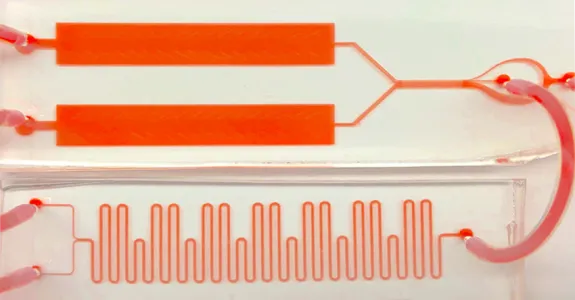 Photo depicting the device described in the article, showing two orange rectangles at the top, connected by orange wires and tubes to a microfluidic segment that looks like a tight wavy line.