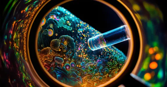 3D scientific illustration depicting microbiome microbes under a microscope, with lots of glowing bright colors.