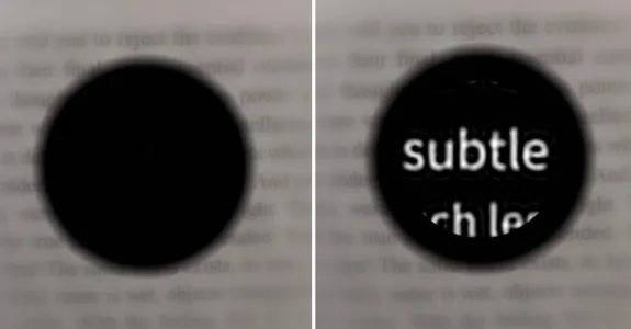 Image on left shows a dark spot over a blurry page. Image on right shows readable letters in the same dark spot.