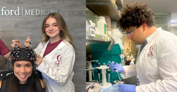 Collage of two indoor photos: left image shows a male Asian undergraduate and a Caucasian female undergraduate leaning in towards a female Asian postdoc wearing a helmet-shaped headgear piece with electrodes, all smiling at the camera. Second photo shows a Black male undergraduate pipetting at a lab bench, in profile to the camera.