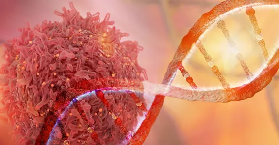 Graphic illustration of a cancer cell and a DNA helix in red and yellow shades.