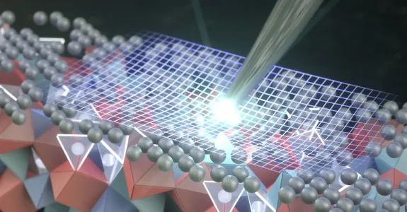 Graphic illustration of molecules with a glowing net being pressed down on top.