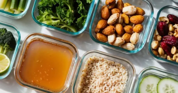 Photo of numerous vegan foods displayed in rows of square glass containers.