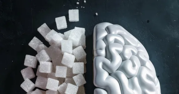 Photo of a brain in two halves, one half represented by sugar cubes stacked in a similar shape, the other side a 3D white brain.