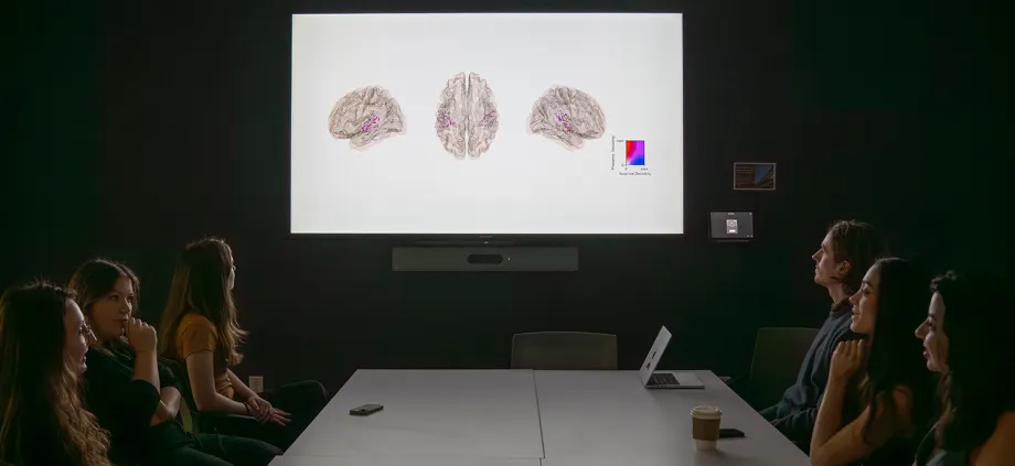 Photo of a number of people sitting around a table in a dim conference room, with brain images displayed on the projector screen.