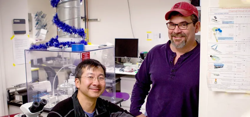 Photo of Dr. Alan Cheng, seated in a wet laboratory area, with Dr. Anthony Ricci standing beside his chair, with both professors smiling at the camera.