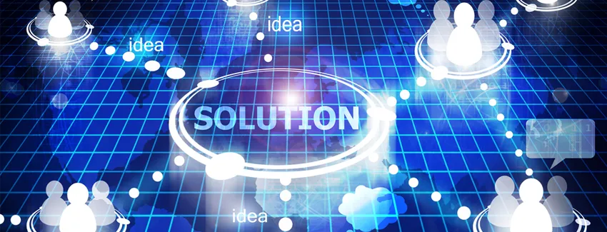 Graphic image depicting the word "solution" lit up in the center, with glowing lines reaching out to isolated sub-groups of pictographs of people, with the word "idea" scattered along the connective lines.