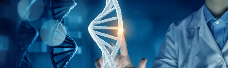 Graphic image of a man in a white coat touching a hovering image of a DNA double-helix, lighting up a base pair with his fingertip.