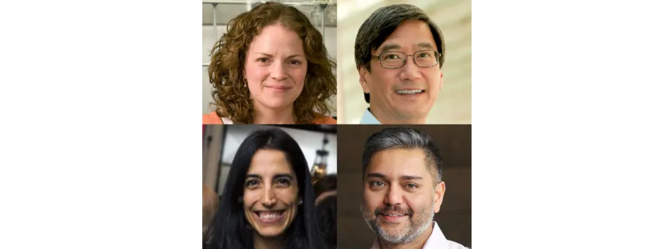 Collage of headshot photos of the 4 faculty who received awards: Drs. Annelise Barron, Peter S. Kim, Keren Haroush, and Siddhartha Jaiswal.