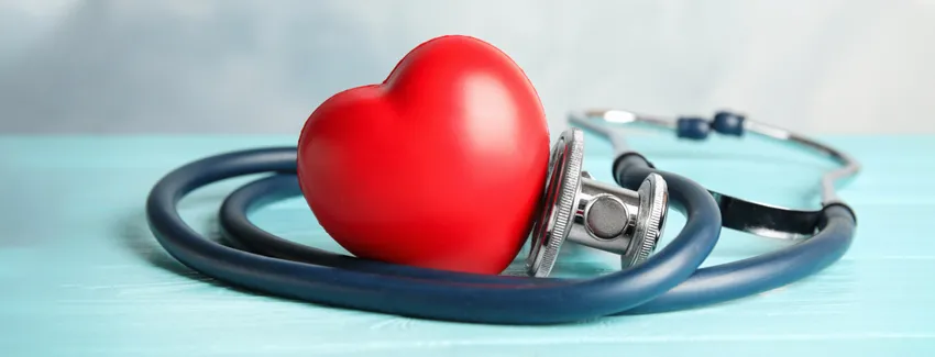 Photo of a plastic heart with a stethoscope wrapped around it.