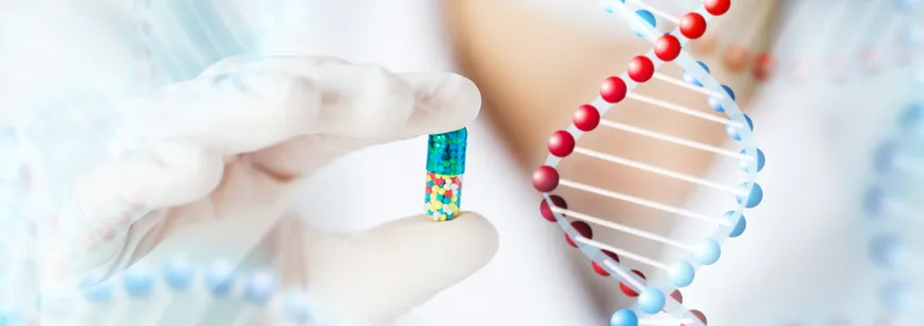 Graphic image of pill capsule and DNA.