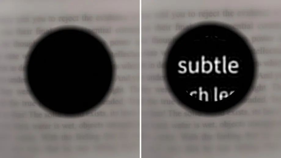 Image on left shows a dark spot over a blurry page. Image on right shows readable letters in the same dark spot.