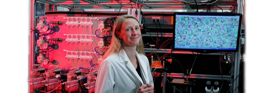 Photo of Dr. Polly Fordyce in the lab, standing in front of a monitor displaying peptide beads.