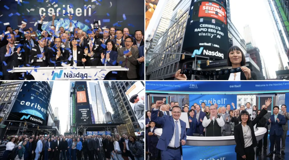 Collage of 4 photos of a team of people celebrating at the Nasdaq Exchange.