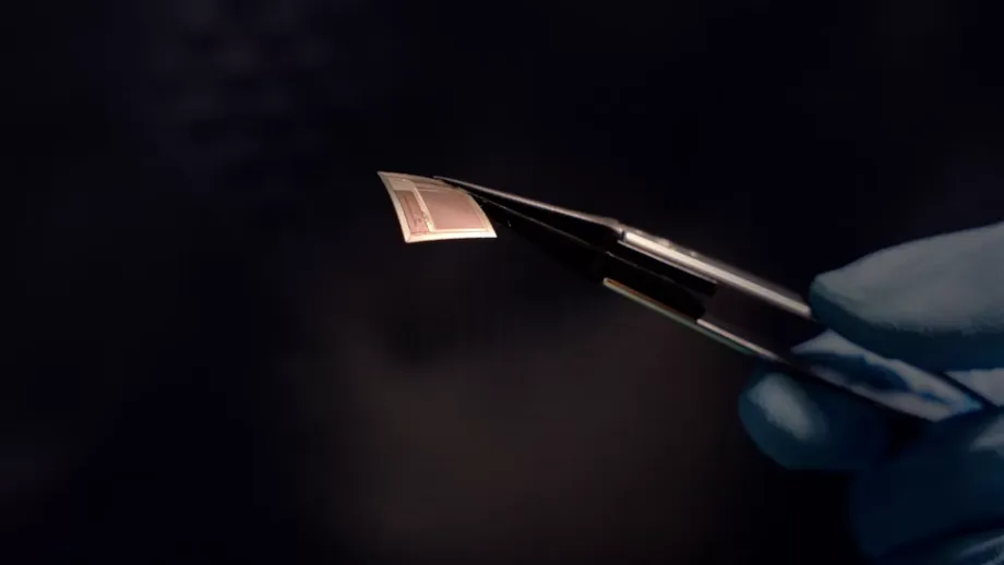 Image of a gloved hand holding a tiny and extremely thin chip up with tweezers.