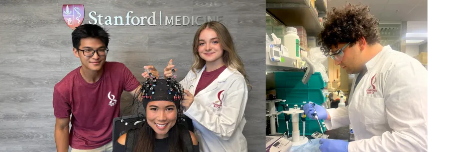 Collage of two indoor photos: left image shows a male Asian undergraduate and a Caucasian female undergraduate leaning in towards a female Asian postdoc wearing a helmet-shaped headgear piece with electrodes, all smiling at the camera. Second photo shows a Black male undergraduate pipetting at a lab bench, in profile to the camera.