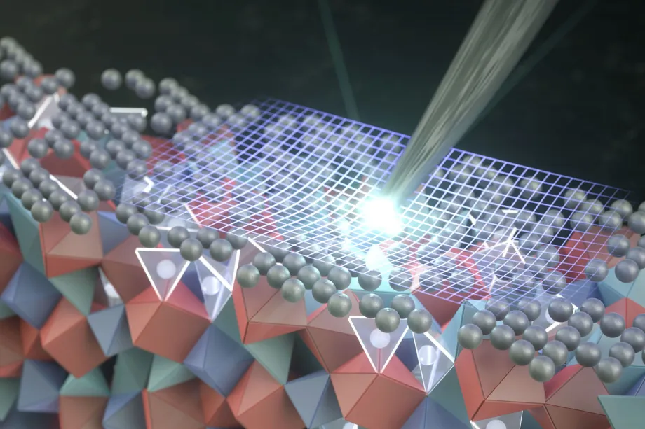 Graphic illustration of molecules with a glowing net being pressed down on top.