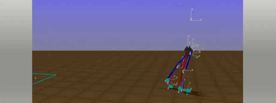 Graphic image of 3D skeleton model with muscles in blue and red, walking using AI.