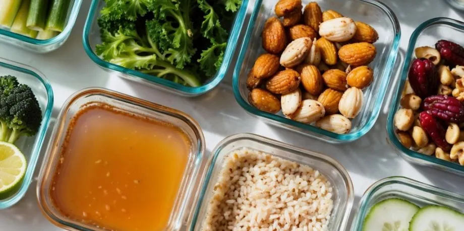 Photo of numerous vegan foods displayed in rows of square glass containers.