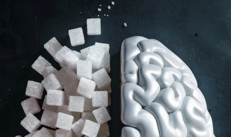 Photo of a brain in two halves, one half represented by sugar cubes stacked in a similar shape, the other side a 3D white brain.