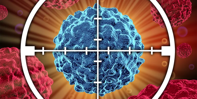 Graphic image of a cancer cell in target crosshairs.