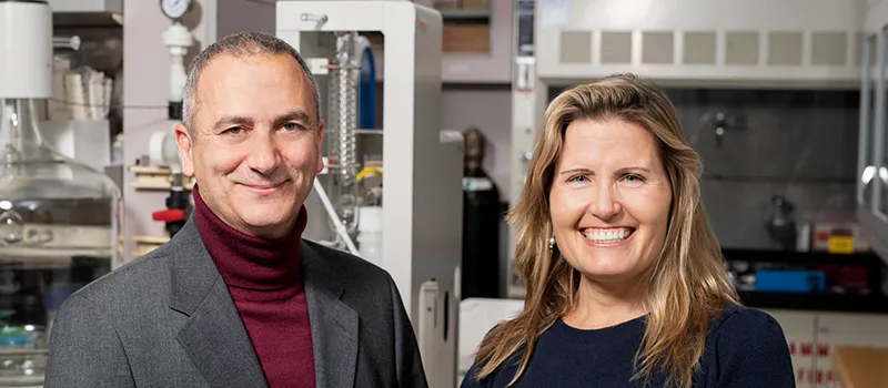 Photo of Drs. Antonio Hardan and Karen Parker standing in a laboratory space.