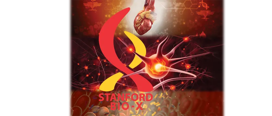 Graphic image background consisting of a realistic heart, a neuron, and gut bacteria, with the Stanford Bio-X logo on top.