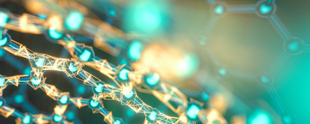 Graphic image showing a glowing gold and teal lattice, against a blurry teal background.