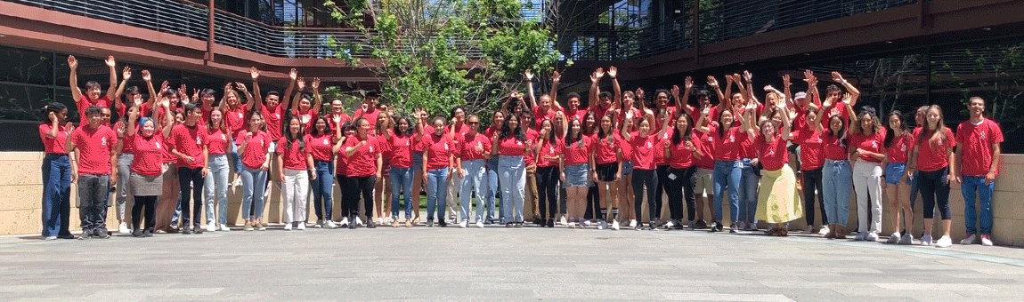 Animated gif of 75 undergraduate students outdoors, wearing matching light red T-shirts, jumping up at the same time and then landing.