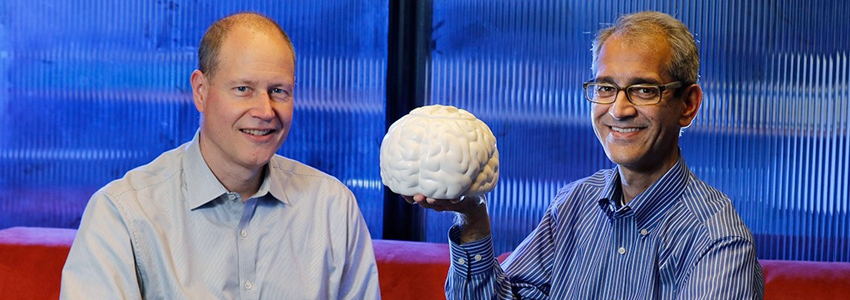 Photo of Dr. Jaime Henderson on left, and Dr. Krishna Shenoy on right, sitting in a Clark Center office. Dr. Shenoy holds up a white model of a human brain.